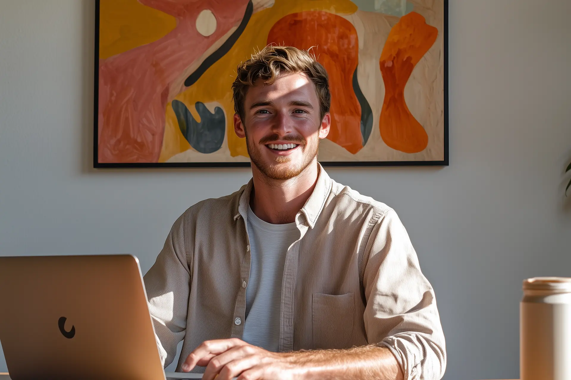 Smiling person at desk with abstract art painting in background
