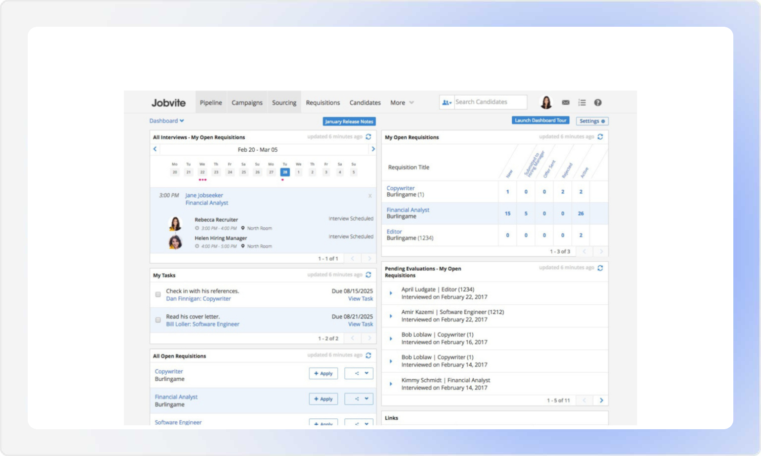 Jobvite recruitment dashboard showing interview schedules and open requisitions
