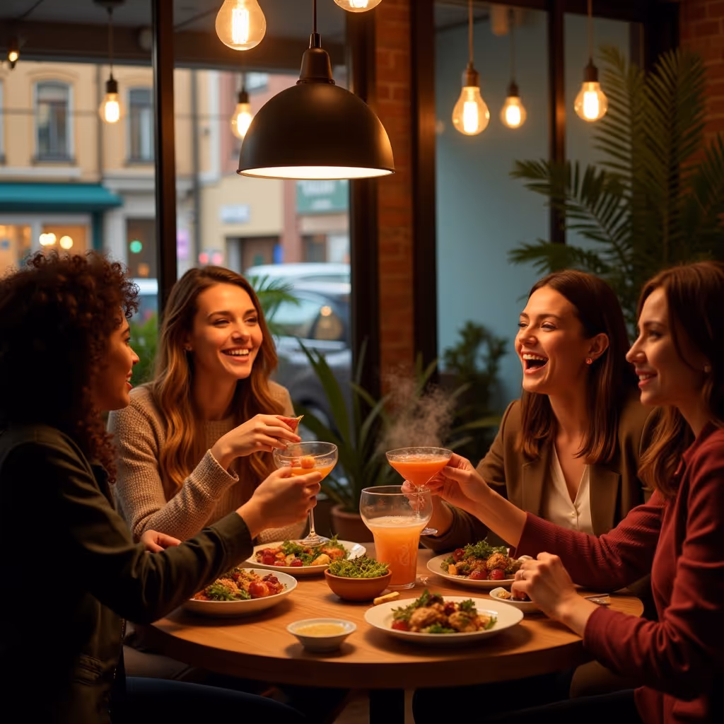 Four women sitting around a table in a warmly lit restaurant, enjoying food and drinks while smiling and toasting.