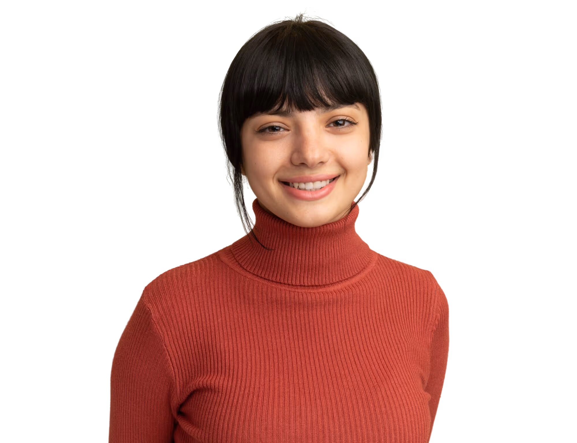 Smiling woman with dark hair and bangs wearing a rust-colored ribbed turtleneck sweater.