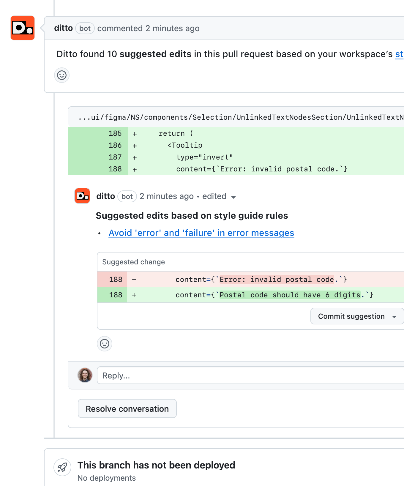Ditto's PR review bot in action.