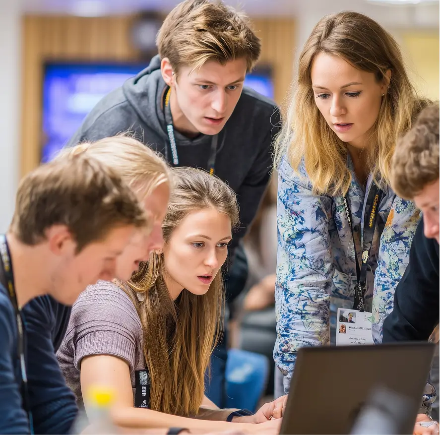 Group of six young adults gathered around a laptop, focused on the screen during a collaborative work session.