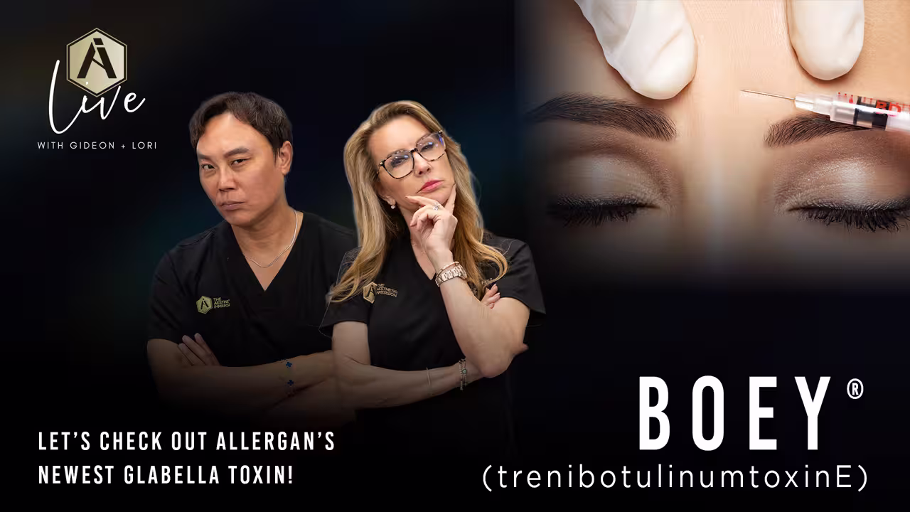 Two medical professionals pose with a Botox injection near closed eyes promoting Boey toxin by Allergan.