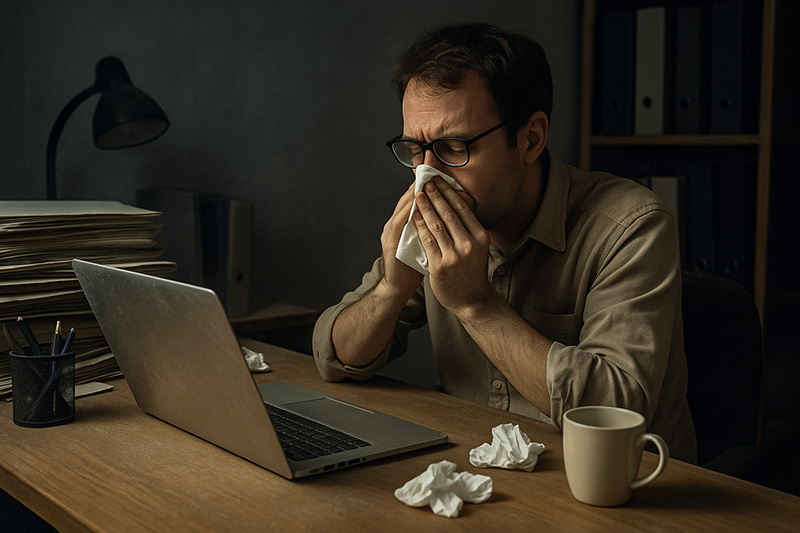Sick employee working at a cluttered, dusty office desk with low light
