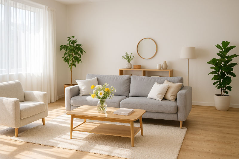 Bright, modern living room with sunlight streaming in, sparkling clean surfaces, and fresh flowers on a coffee table.