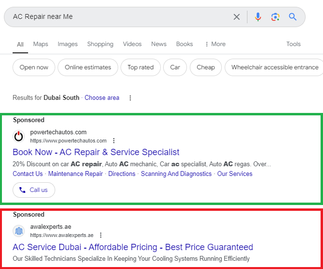 Google Ad Good and Bad example for keyword "AC Repair Near Me"