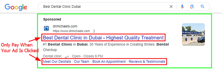 Example of Google Ads showcasing that you only pay when a searcher clicks your link.