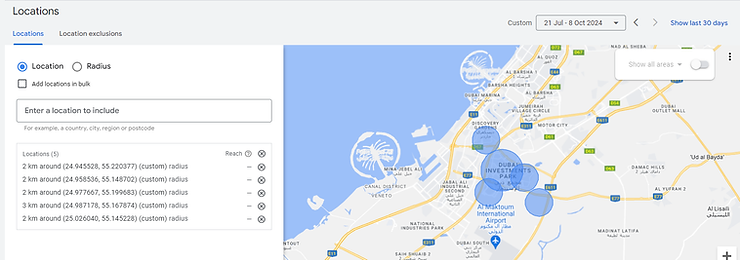 Example of Google Ads Location Targeting in Dubai.