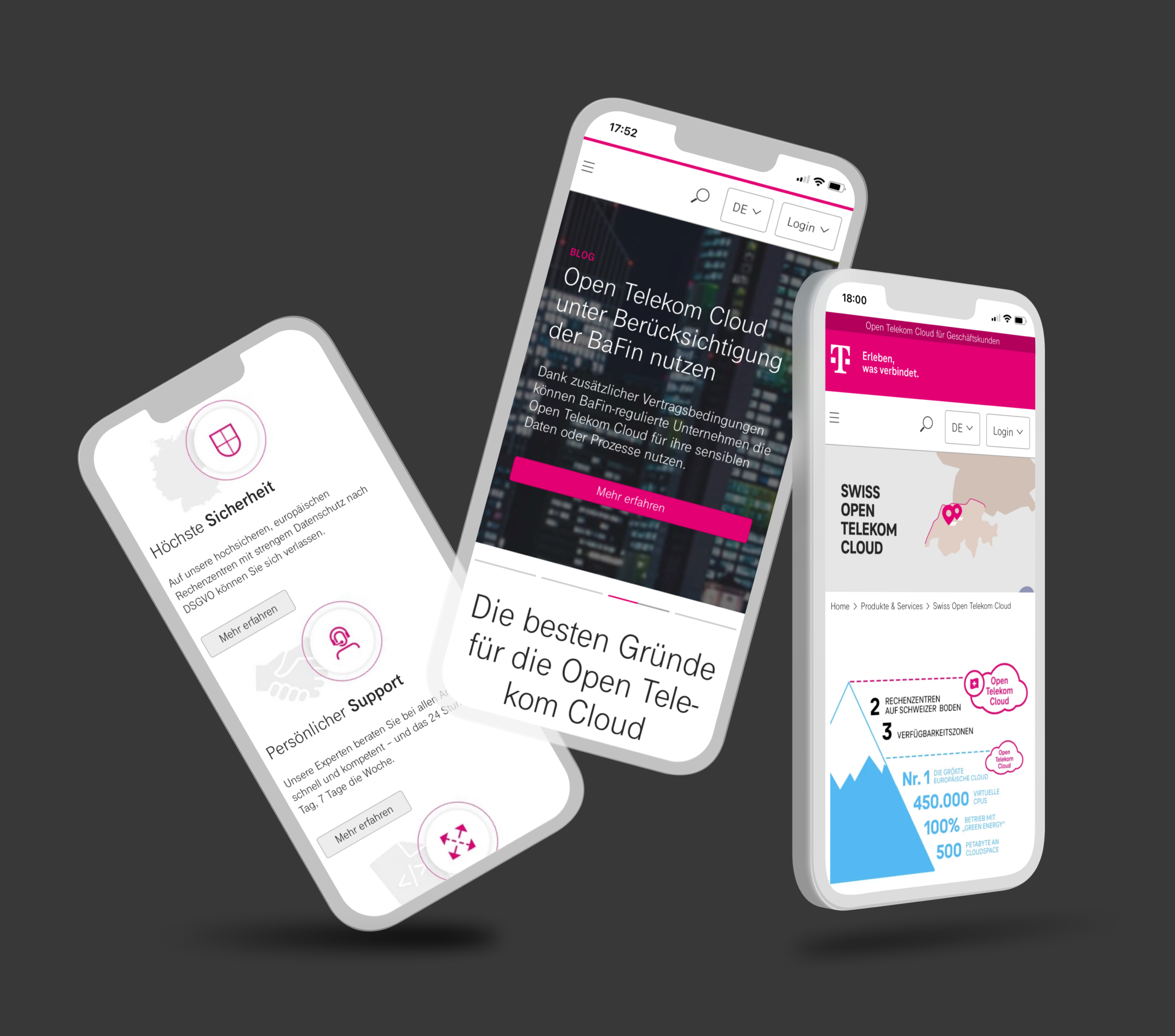 Drei mobile Ansichten des Portals der Open Telekom Cloud. Design CAMAO AG Darmstadt.