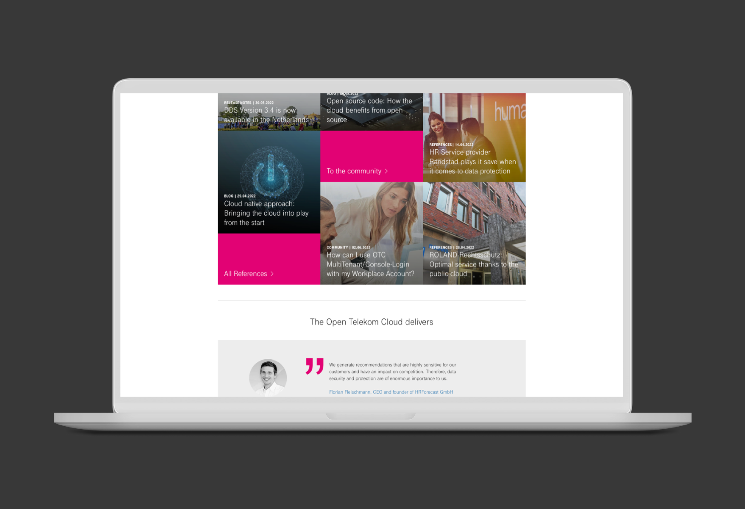 Ansicht des Portals der Open Telekom Cloud in einem Laptop. Design CAMAO AG Darmstadt.