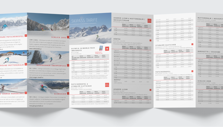 Print-Leporello-Gestalten Skipass-Tarife Innsbruck Tourismus.. Design CAMAO AG Darmstadt.