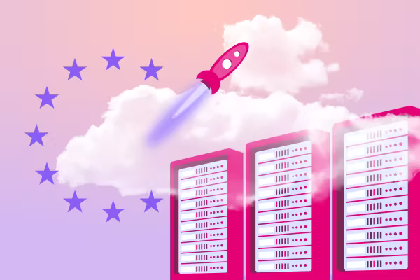 Illustration einer magenta-farbenen Rakete, die über weißen Wolken an drei Servern vorbeifliegt; im Hintergrund sind Sterne in Anlehnung an die EU-Flagge zu sehen.