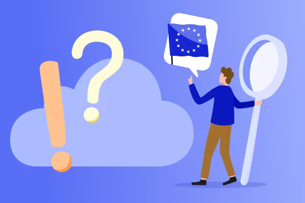Illustration eines Mannes mit Lupe und einer Sprechblase mit EU-Flagge neben einem großen Fragezeichen und Ausrufezeichen vor blauem Wolkenhintergrund.