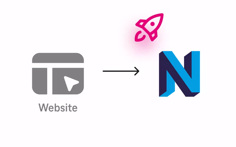 Symbolische Darstellung eines Website-Relaunches: Ein Website-Symbol mit Pfeil führt zu einem Neos Logo; darüber schwebt eine magenta-farbene Rakete.