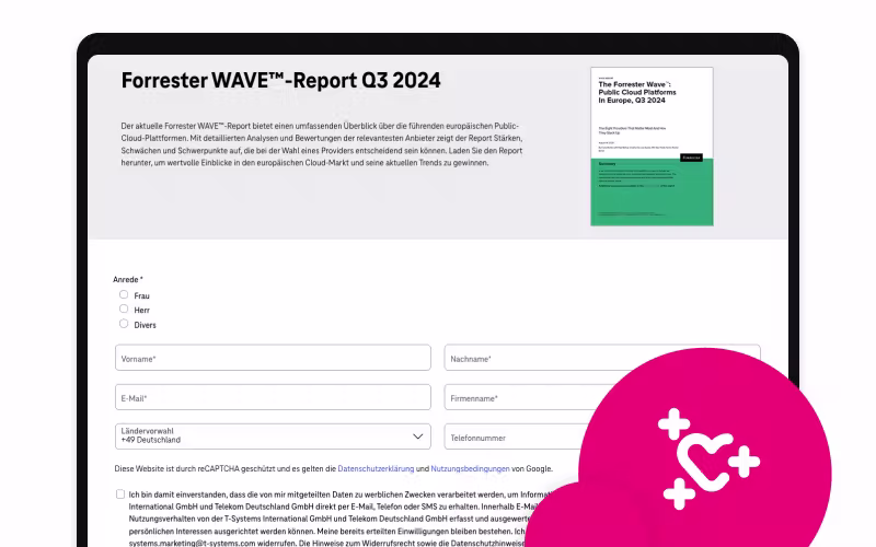 Anmeldeformular für den „Forrester WAVE™-Report Q3 2024“ mit Angaben zum Report über europäische Public-Cloud-Plattformen und einem magenta-farbenen Symbol für digitale Vernetzung.