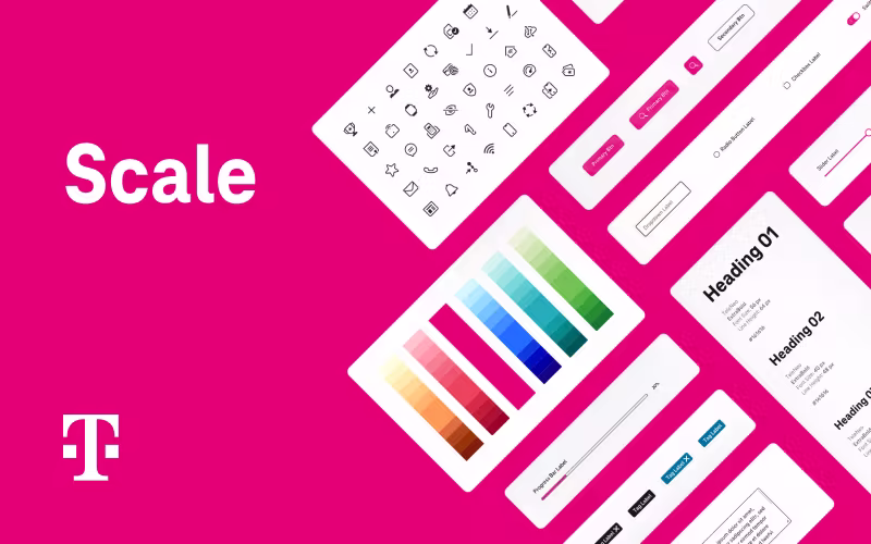Magenta Grafik mit dem Schriftzug „Scale“ und dem Telekom-Logo. Daneben sind Elemente eines digitalen Designsystems wie Icons, Farbfelder, Buttons und Überschriften dargestellt.