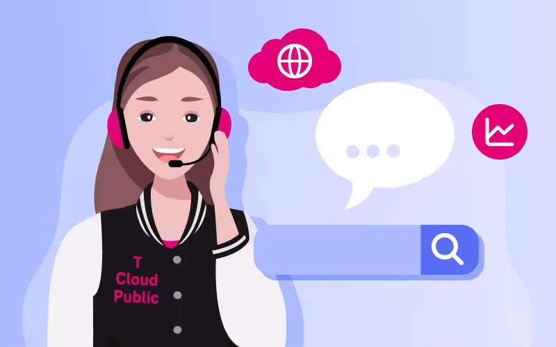 Illustration des KI-Chatbots Cloudia von T Cloud Public: Eine Mitarbeiterin mit Headset neben einer Suchleiste sowie Symbolen für Chat, Internet und Datenanalyse.