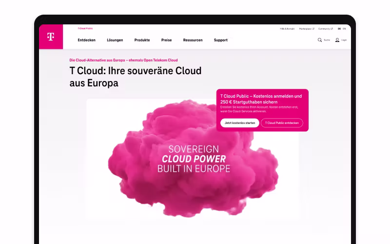 Startseite des T Cloud Public Webportals von Mitte 2026 mit starkem Fokus auf das Thema Souveränität.