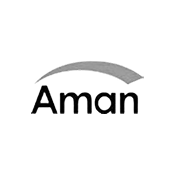 Stylized grey arc above the word 'Aman' in black text on a black background.