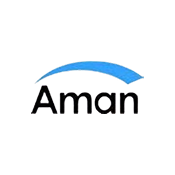 Aman logo with the word 'Aman' in black and a curved blue arc above it.
