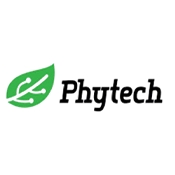 Phytech company logo featuring a green leaf with a white vein pattern next to black serif text.