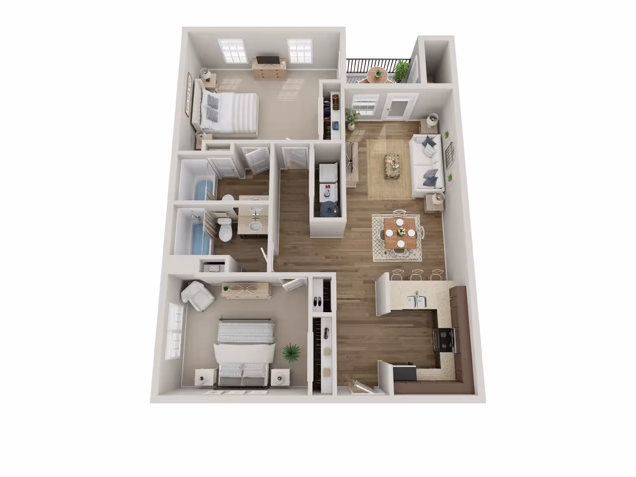 2 bedrooms, 2 baths layout