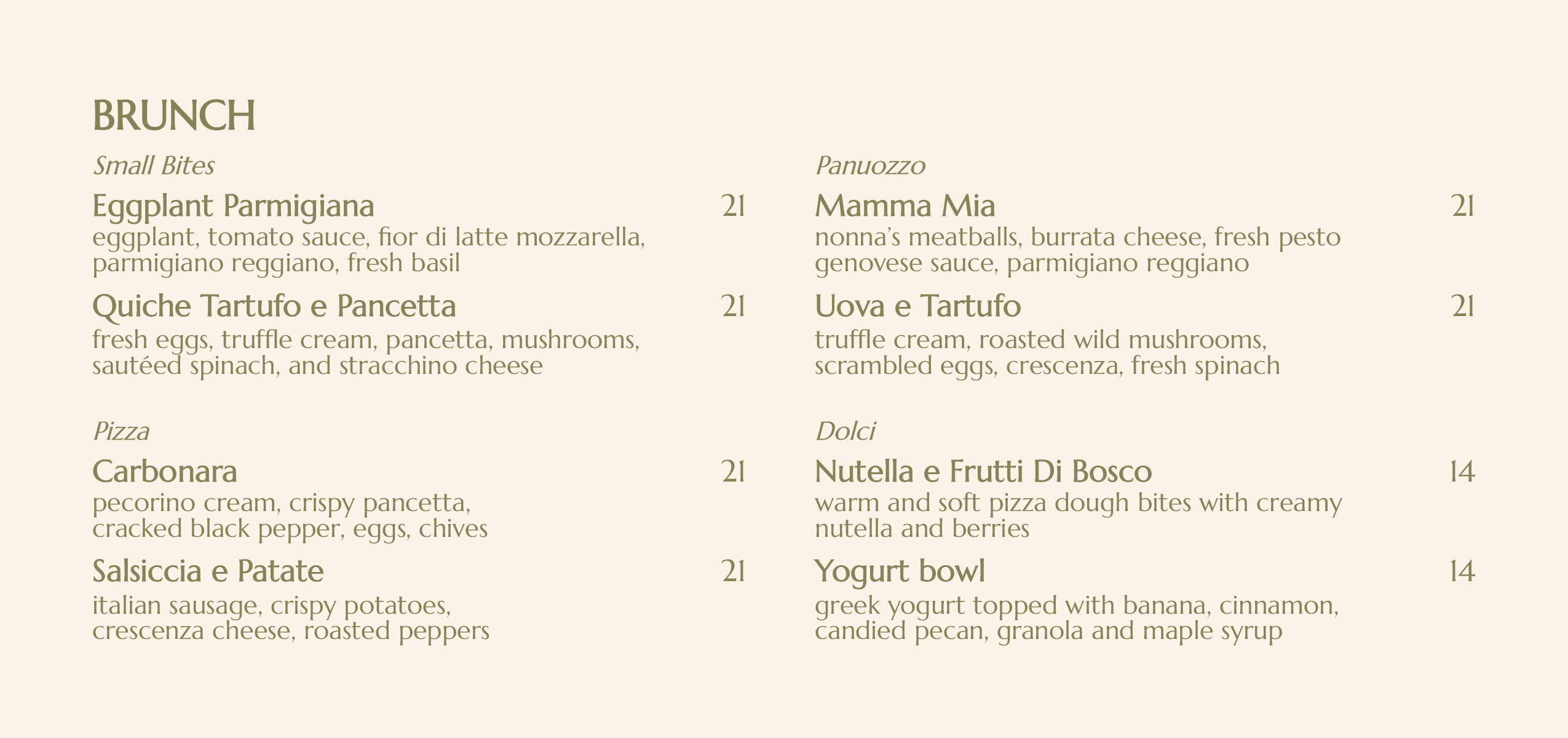 Italian restaurant menu displayed on a green background, featuring coffee, brunch, panuozzo, pizza, pasta, salads, desserts, and wine.