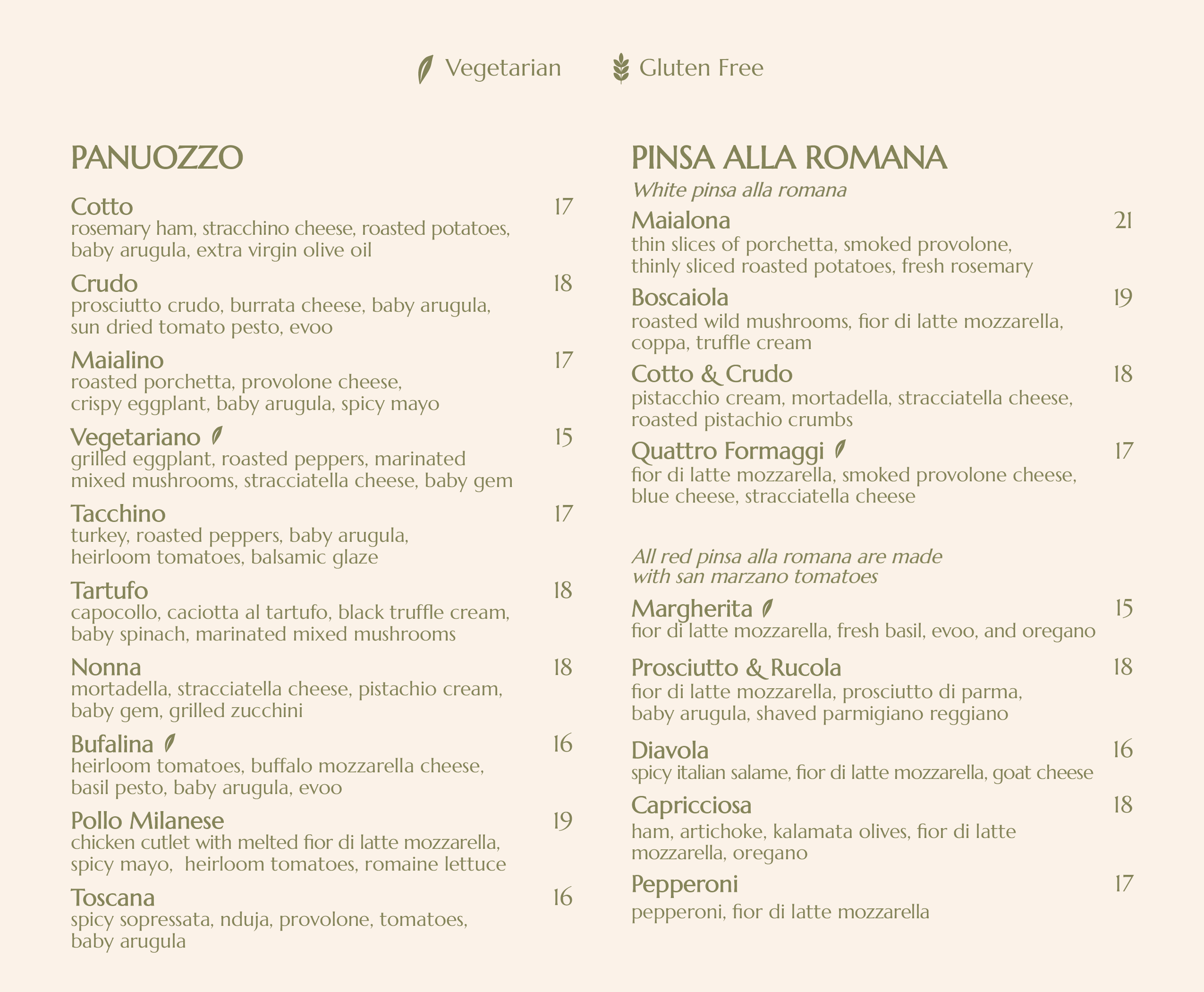 Italian restaurant menu displayed on a green background, featuring coffee, brunch, panuozzo, pizza, pasta, salads, desserts, and wine.