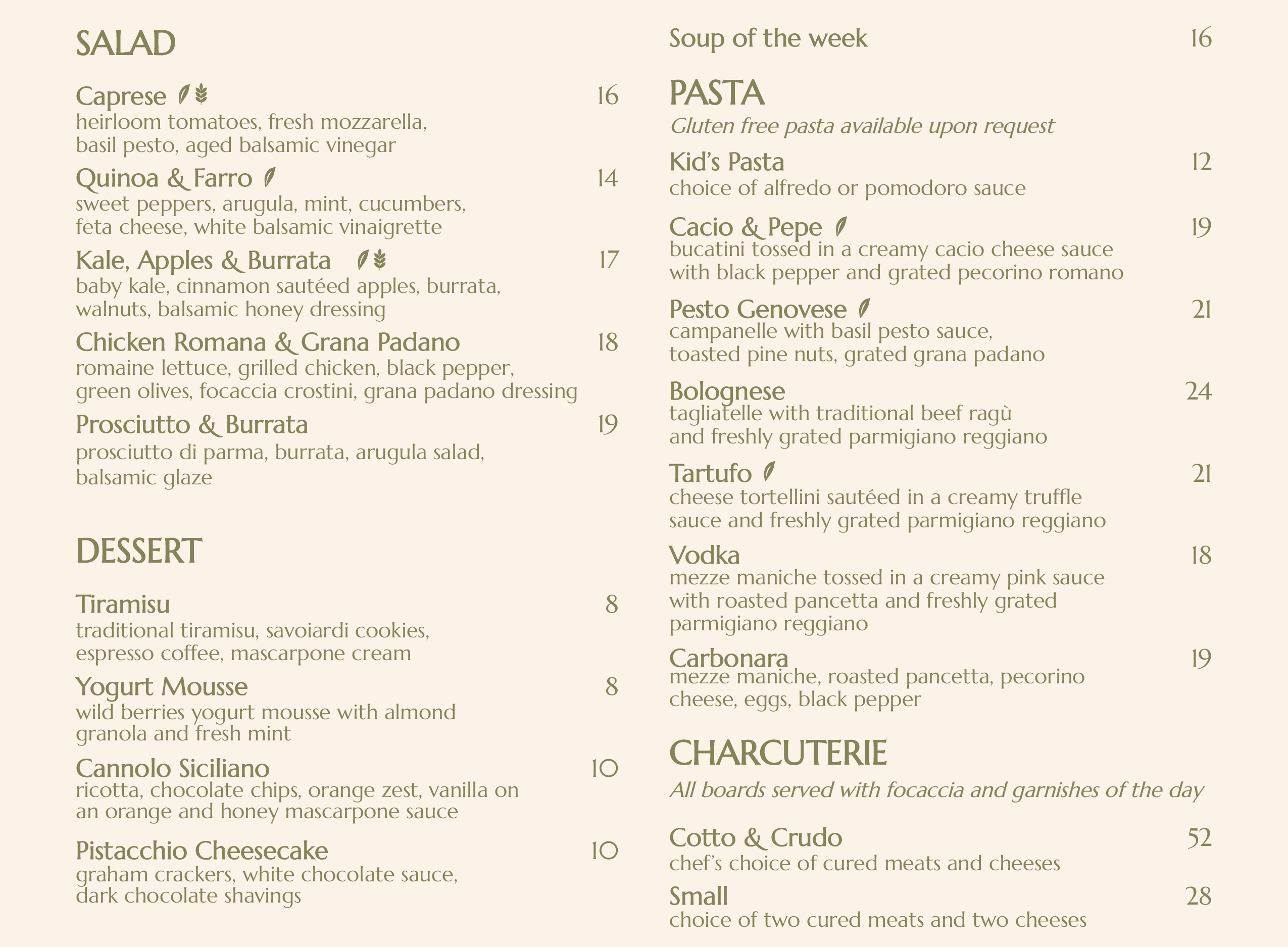 Italian restaurant menu displayed on a green background, featuring coffee, brunch, panuozzo, pizza, pasta, salads, desserts, and wine.