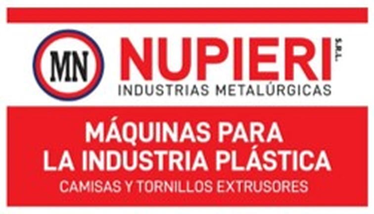 Logo de Nupieri industrias metalúrgicas con texto sobre máquinas para la industria plástica.