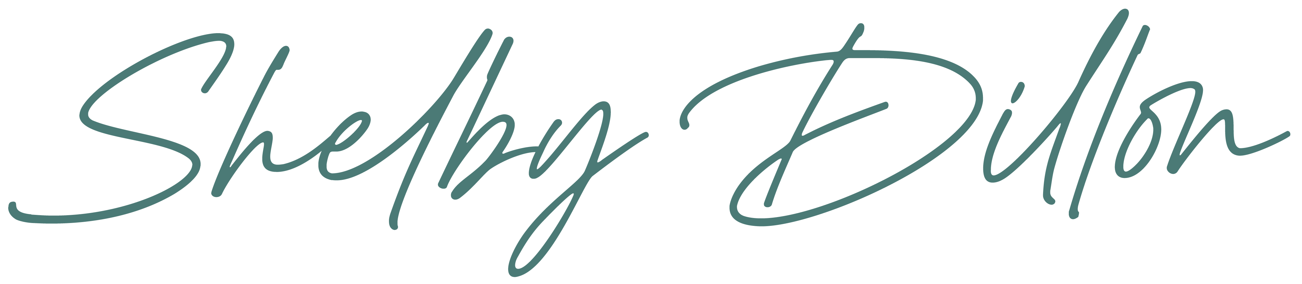 This sage green logo shows Shelby Dillon in a script font with a handwritten feel