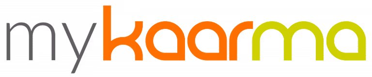 The word 'mykaarma' with 'my' in gray, 'kaar' in orange, and 'ma' in lime green in stylized lowercase letters.