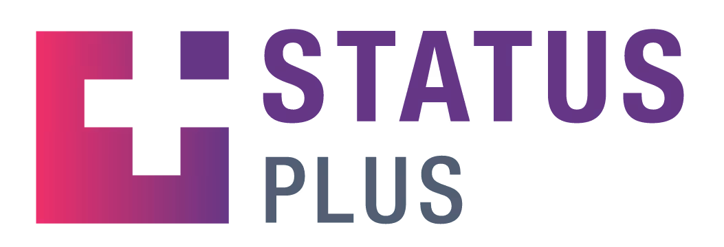 Status Plus logo featuring a stylized 'S' icon with a gradient from pink to purple, next to the text 'STATUS' in bold purple and 'PLUS' in gray.