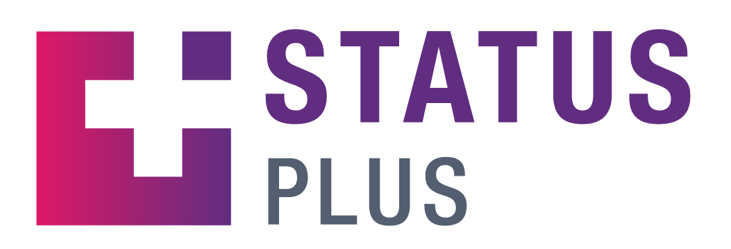 Status Plus logo featuring a stylized 'S' icon with a gradient from pink to purple, next to the text 'STATUS' in bold purple and 'PLUS' in gray.