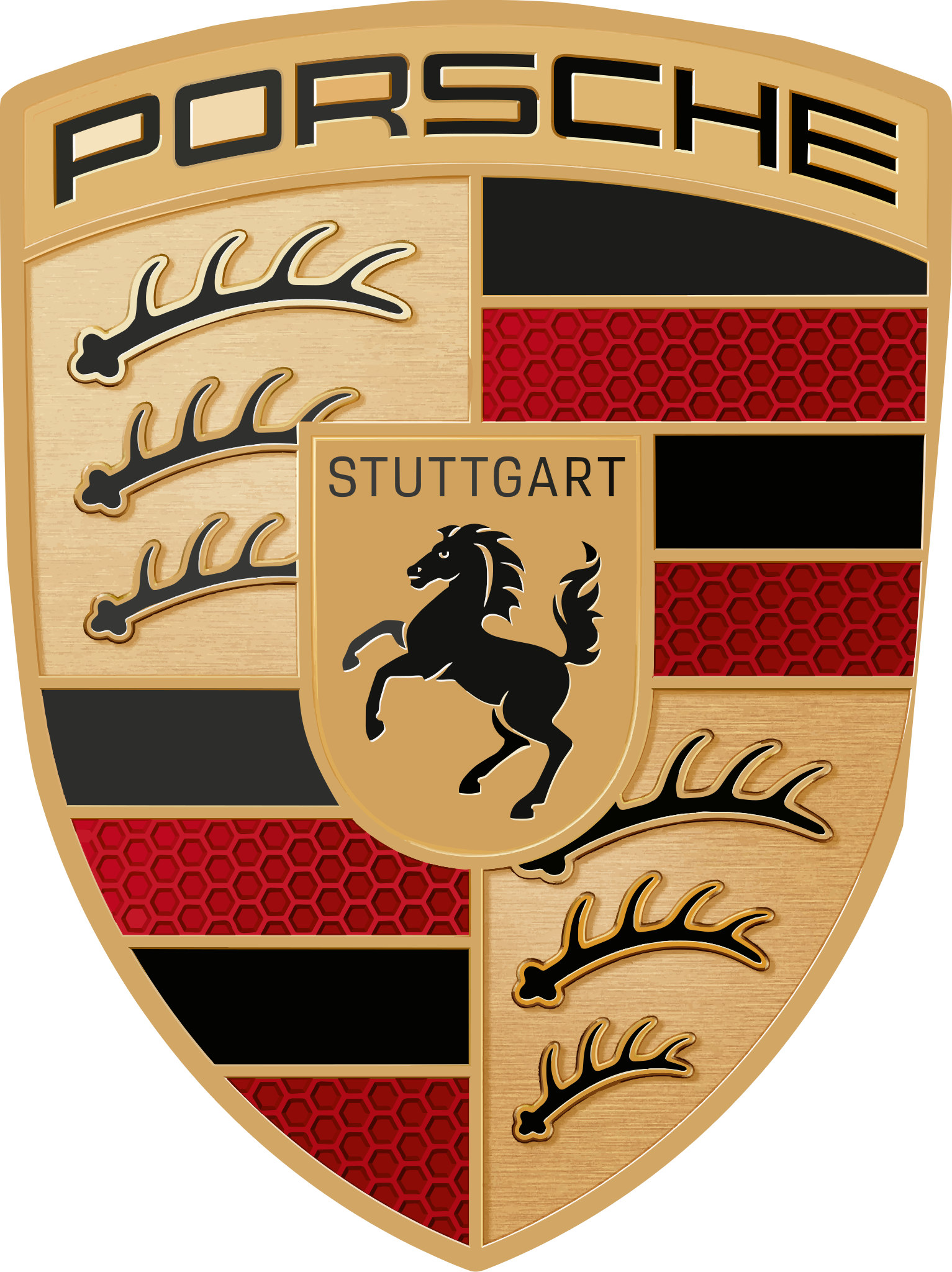 Porsche emblem featuring a gold shield with the word PORSCHE at the top, a black prancing horse in the center with the word STUTTGART, red and black stripes, and stylized antlers on a wood-textured background.