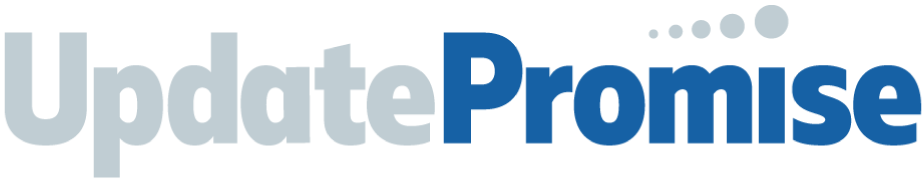 Logo reading 'UpdatePromise' with 'Update' in light gray and 'Promise' in blue accompanied by a dotted design above the letter P.