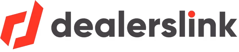 Dealerslink logo with stylized red geometric symbol to the left of black lowercase text.
