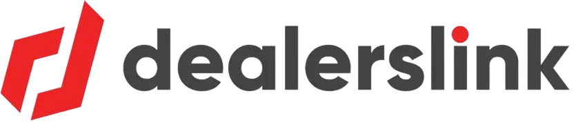 Dealerslink logo with stylized red geometric symbol to the left of black lowercase text.