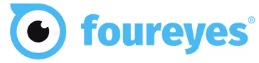 Foureyes company logo with a blue stylized eye symbol followed by the word 'foureyes' in lowercase blue letters.