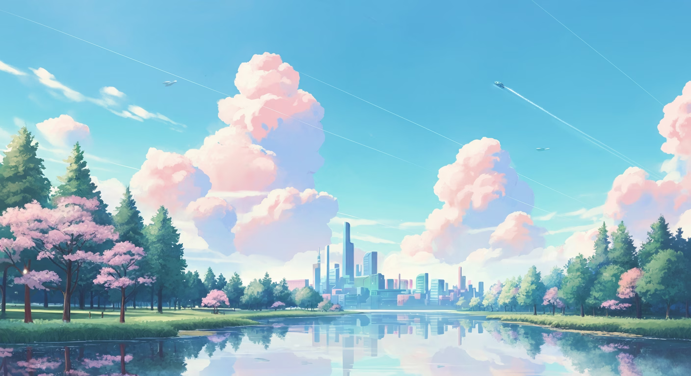 a peaceful lake with a city in the background surrounded by fluffy clouds
