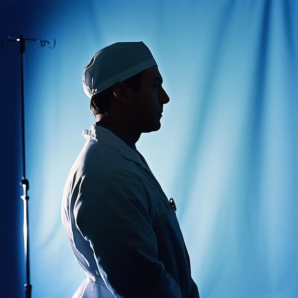 Silhouette eines Arztes im Profil vor blauem Hintergrund – steht für Vertrauen, Präzision und partnerschaftliche Kommunikation im Healthcare-Marketing.