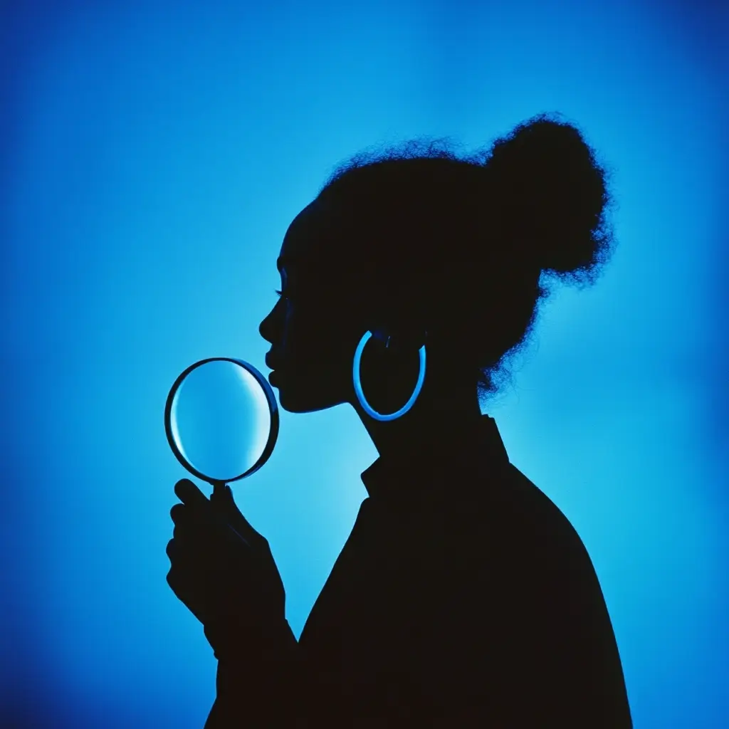 Silhouette einer Frau mit Lupe vor blauem Hintergrund – steht für Analyse, datenbasierte Entscheidungsfindung und tiefes Kundenverständnis im digitalen Marketing.