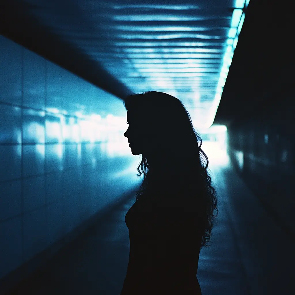 Silhouette einer Frau in einem futuristisch beleuchteten Tunnel – Symbol für Veränderung, Zielorientierung und digitale Markenentwicklung mit Weitblick.