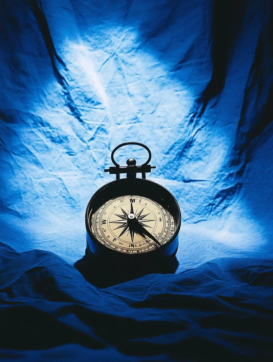 Kompass auf blauen Stoffflächen mit gezielter Beleuchtung – symbolisiert strategische Ausrichtung, Markenführung und klare Orientierung im digitalen Wandel.