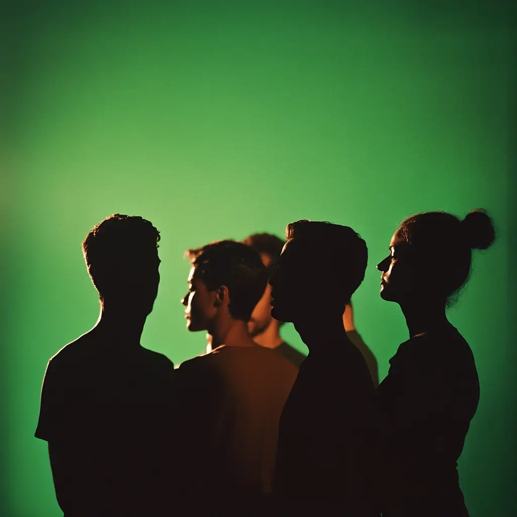 green_grouppeople Silhouetten einer diversen Gruppe von Menschen vor grünem Hintergrund – steht für Teamarbeit, Vielfalt und gemeinsame Visionen in der digitalen Markenentwicklung.