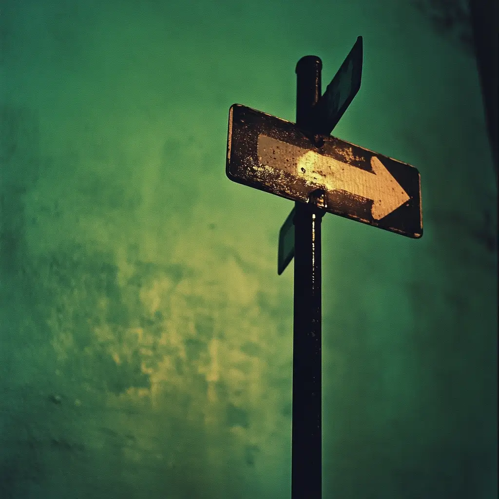 green_sign Verwittertes Straßenschild mit Pfeil nach rechts vor grünlich beleuchtetem Hintergrund – steht symbolisch für Strategie, klare Ausrichtung und zukunftsorientiertes Handeln im digitalen Wandel.