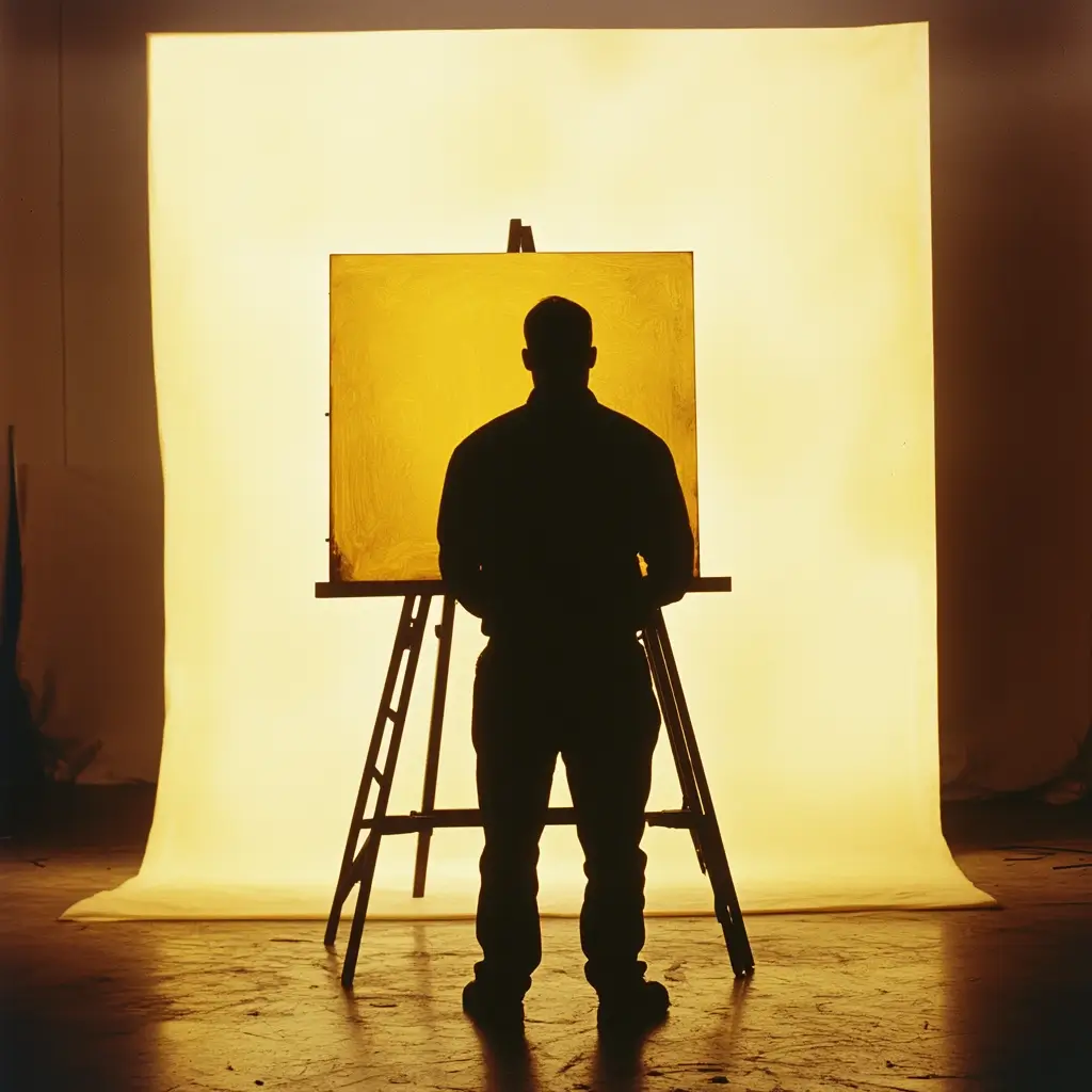 Silhouette einer Person vor Staffelei im Atelier mit warmem Licht – Sinnbild für Kreativität, strategisches Gestalten und individuelle Markenentwicklung.