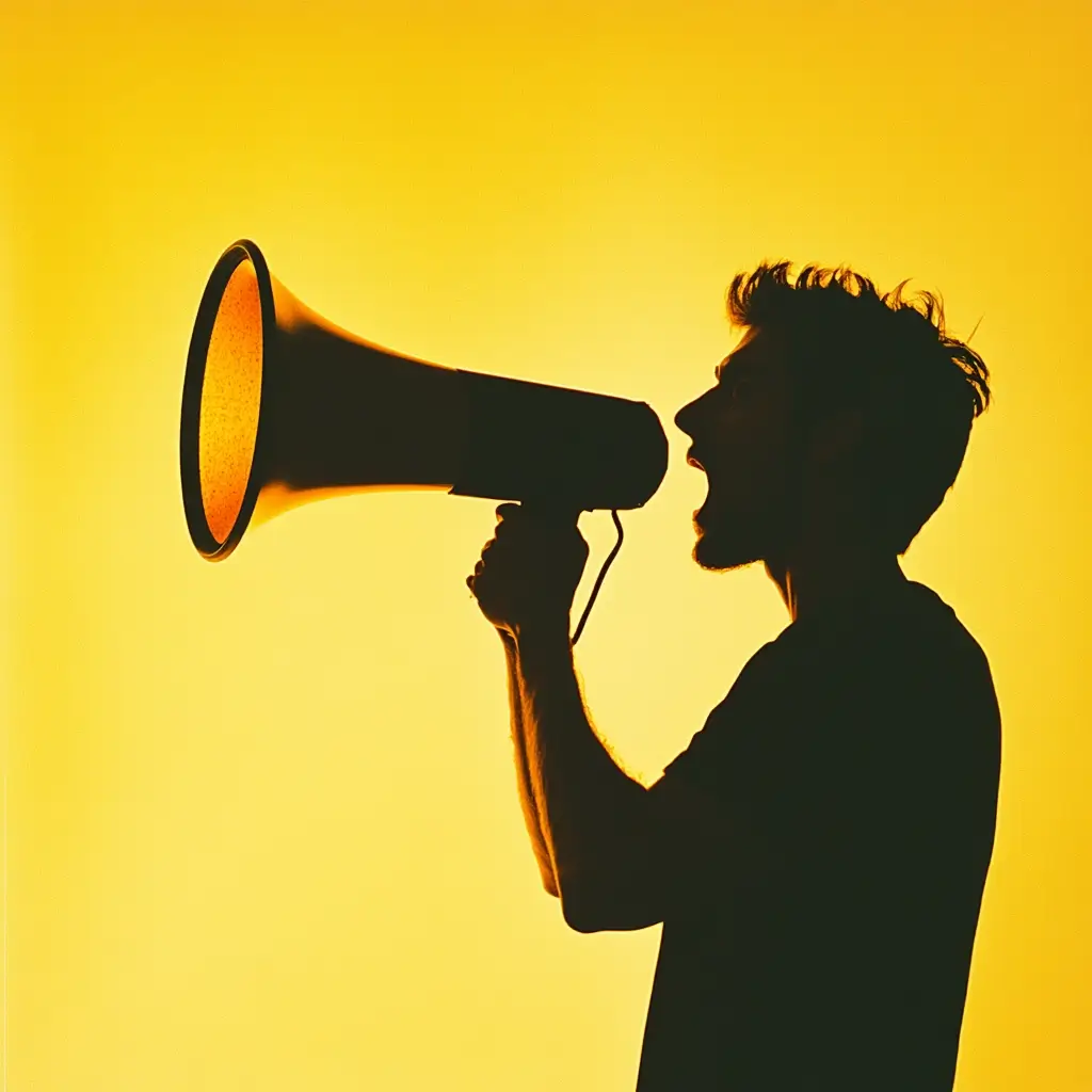 Silhouette eines Mannes mit Megafon vor gelbem Hintergrund – Symbol für laute Botschaften, Kommunikation, Protest oder starke Markenstimme.