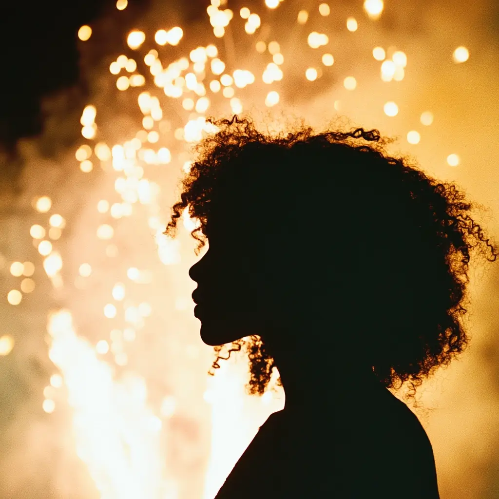 Silhouette einer Frau vor sprühenden Funken – kraftvolles Symbol für kreative Energie, Vision und emotionale Markeninszenierung.