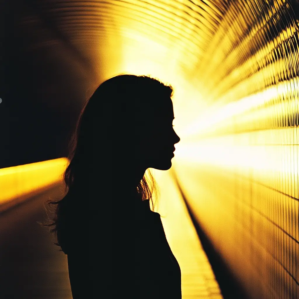 Silhouette einer Frau in einem beleuchteten Tunnel mit warmem, gelbem Licht – Symbol für Nachdenklichkeit, Einsamkeit oder einen Neubeginn.
